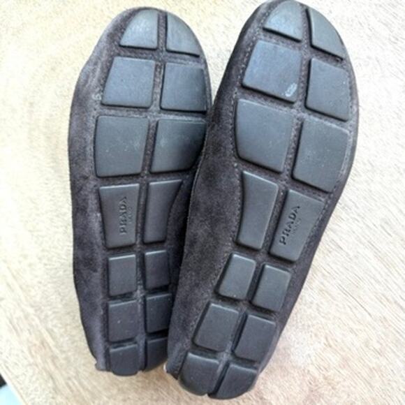 PRADA Suede Driving Loafers Brown Bow Logo Driving Shoes Made in Italy 37.5 - Picture 6 of 10